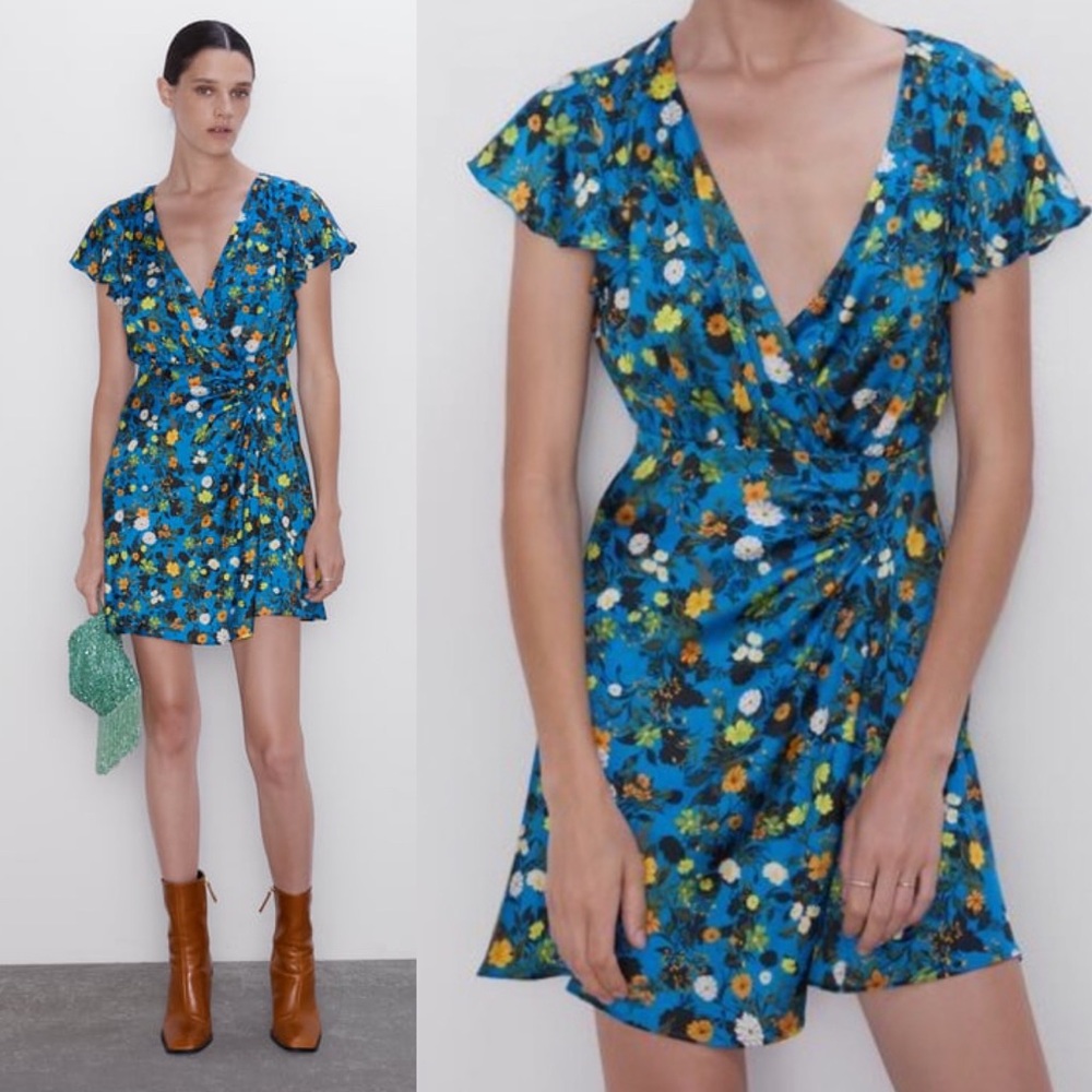 Zara satin, floral wrap dress